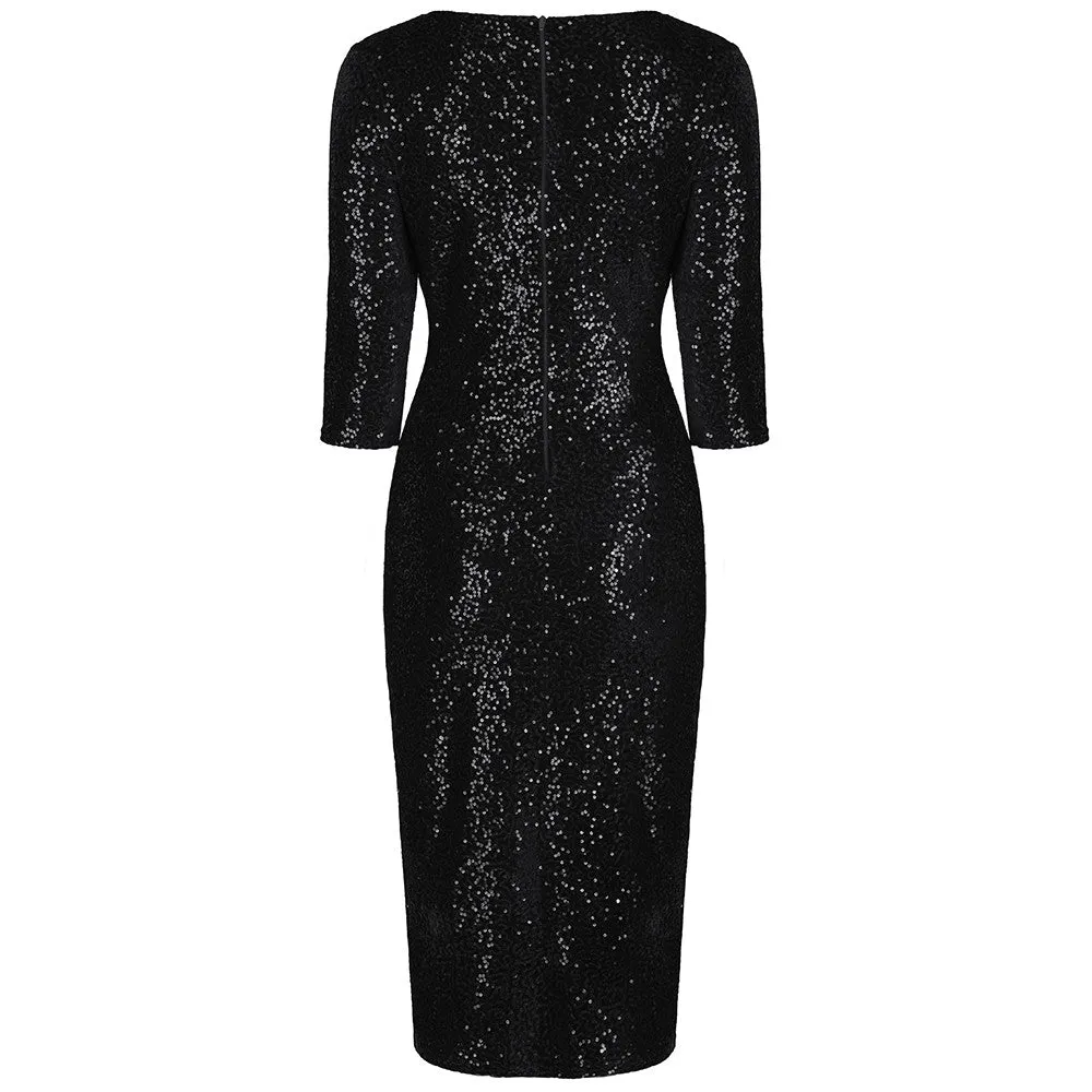 Vintage 1940s Black Velour Sequin Wiggle Dress