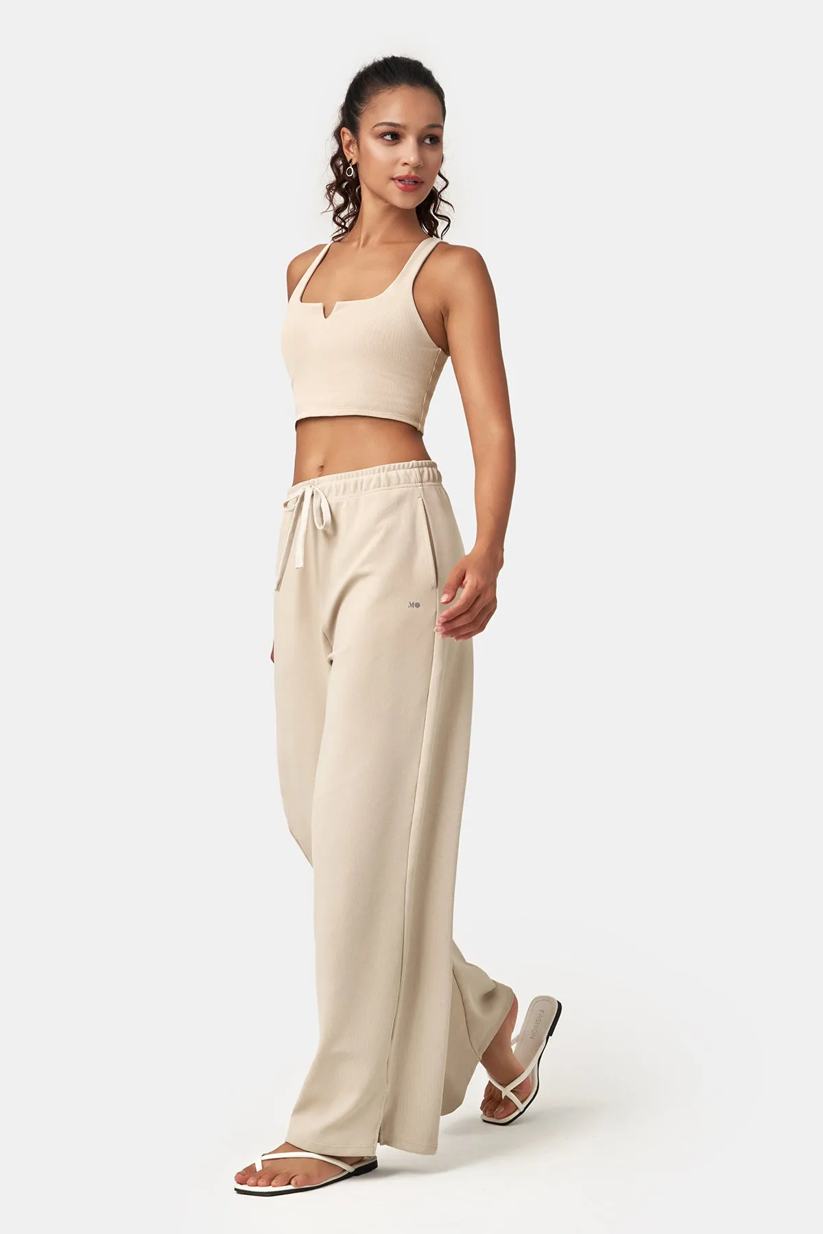 Waffle Texture Side-Slit Wide Leg Pants