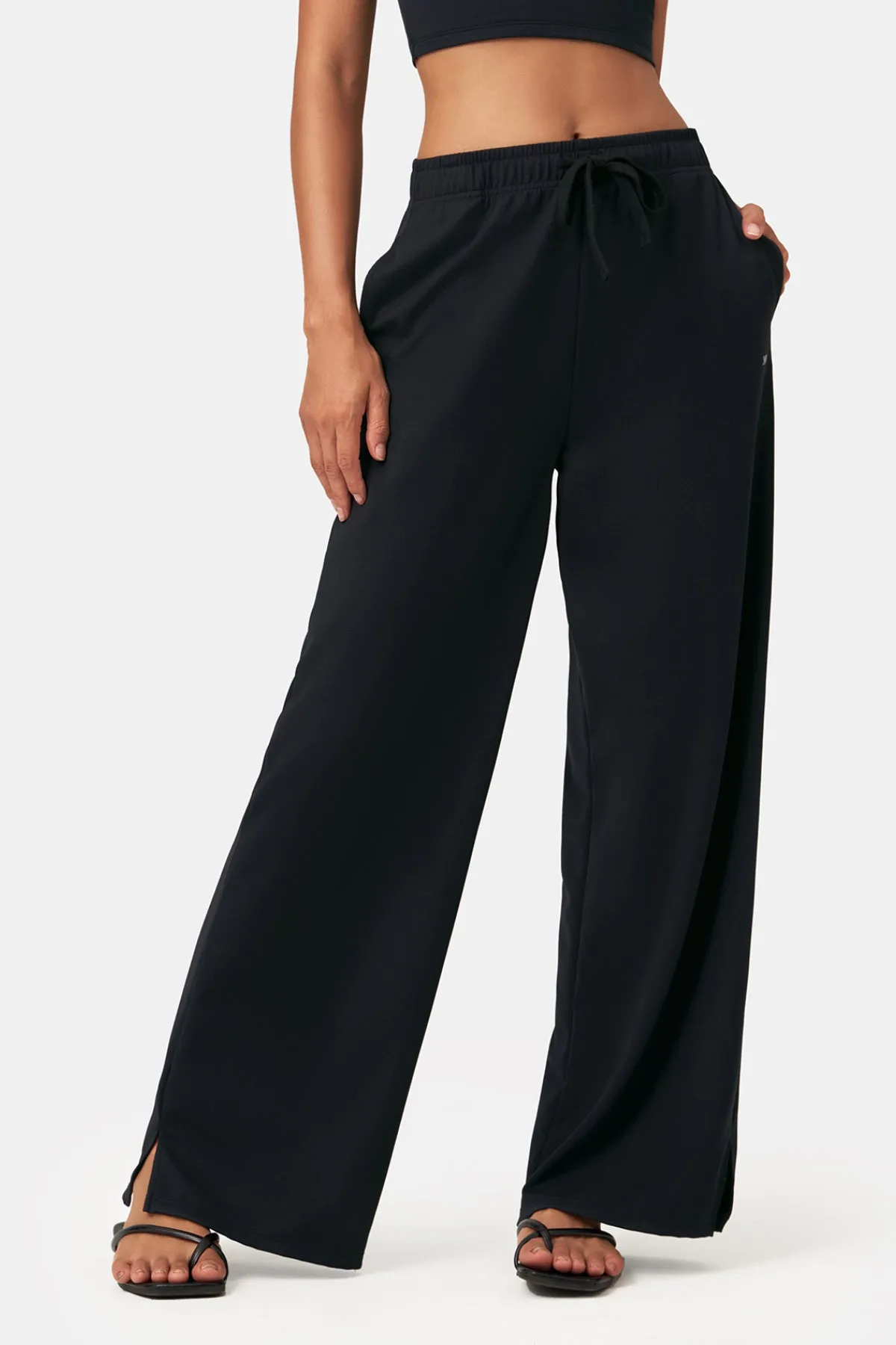 Waffle Texture Side-Slit Wide Leg Pants