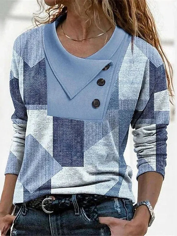 Women's Geometric Abstract Print Long Sleeve T-Shirt with Button Pile Neck