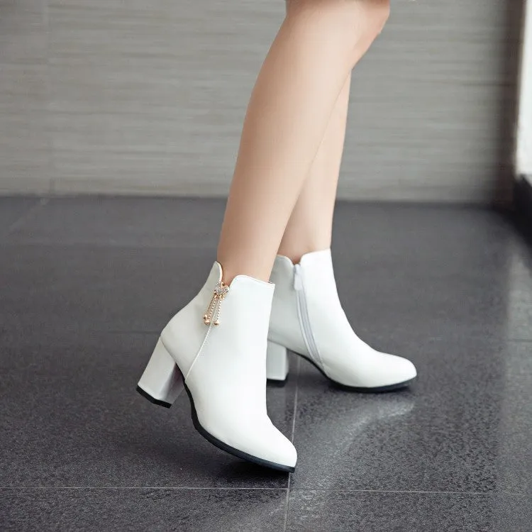 Women's Pu Leather Pointed Toe Side Zippers Rhinestone Block Chunky Heel Short Boots