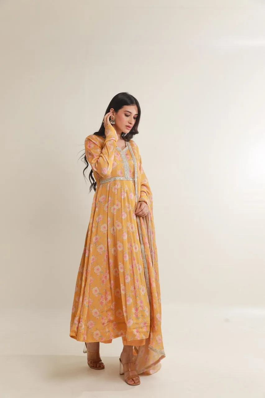 Yellow floral digital print viscose chinon anarkali set