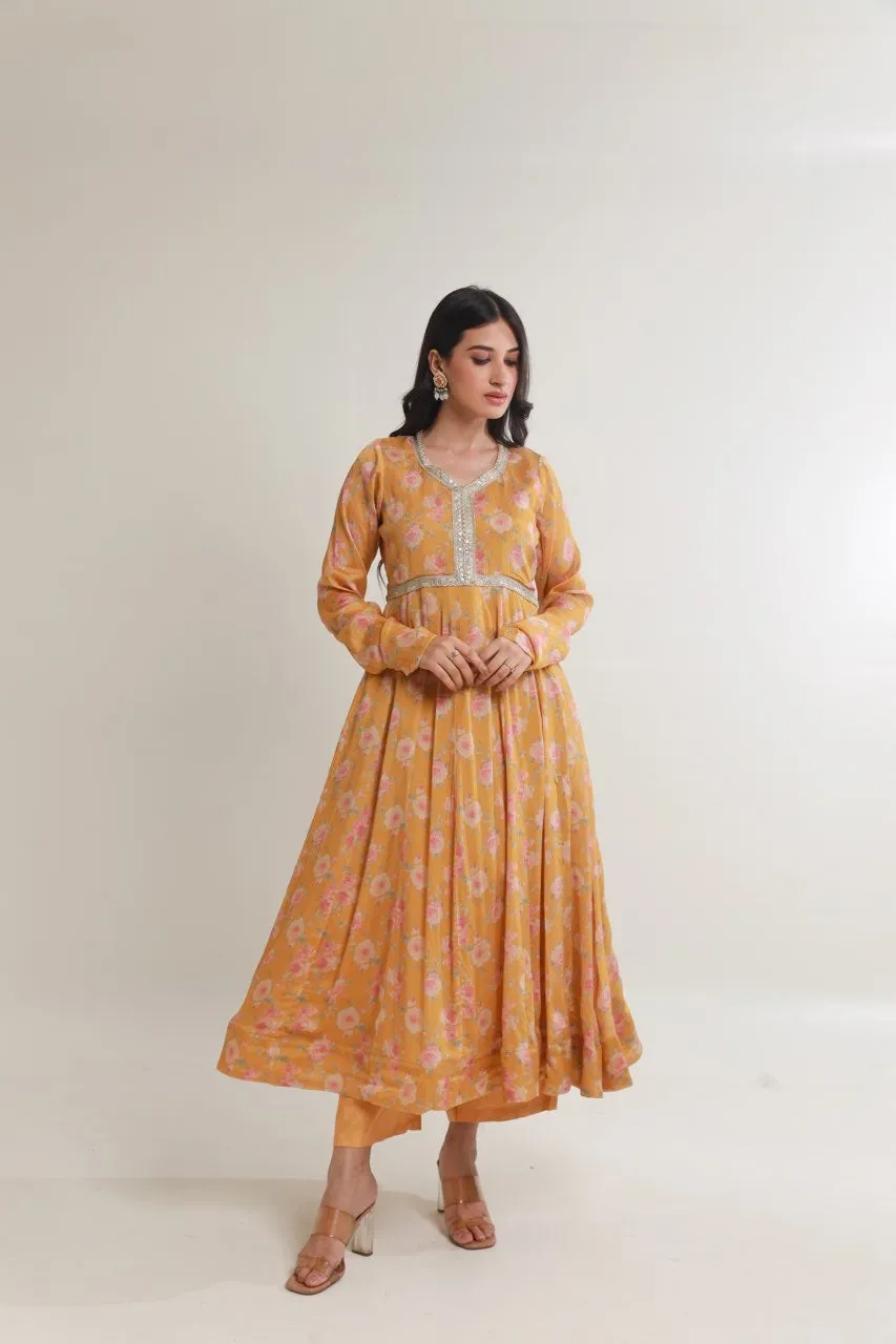 Yellow floral digital print viscose chinon anarkali set