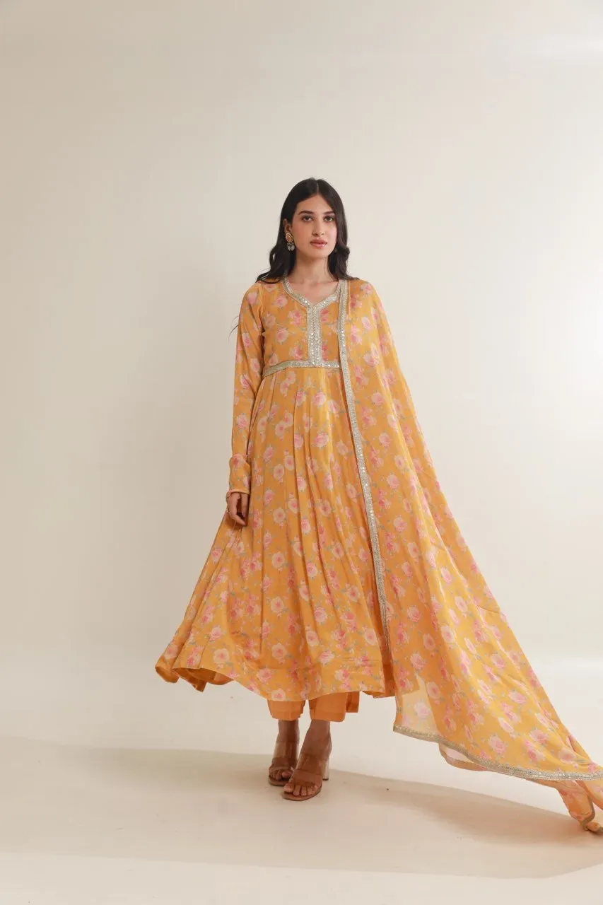 Yellow floral digital print viscose chinon anarkali set